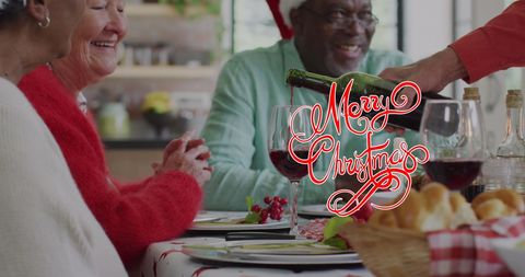 Diverse Group Enjoying Christmas Meal with Festive Text Overlay