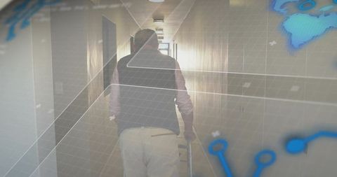 Senior man walking with rollator down corridor with augmented reality map overlay and grid graphics