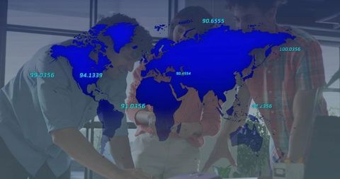 Multinational team collaborating over data with digital world map overlay and analytics