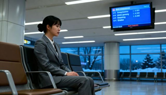 Asian businesswoman waiting at airport gate during blue hour checking flight display