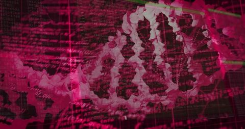 Magenta dna helix visualizing genomic data with code overlay and digital dataviz interface