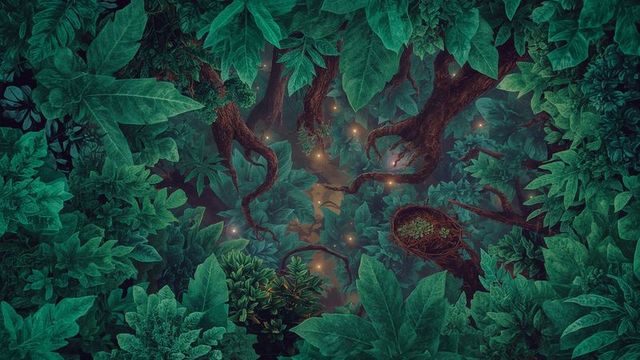 Mystical tropical forest canopy with floating orbs at night