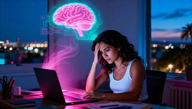 Late-night remote worker experiencing mental fatigue with holographic brain visualization