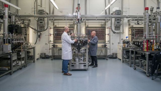 Engineers Analyzing Equipment in Modern Laboratory with Valves and Gauges