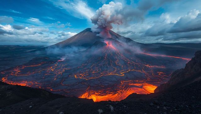 Erupting Stratovolcano Emitting Ash Plume and Red Hot Lava Flows