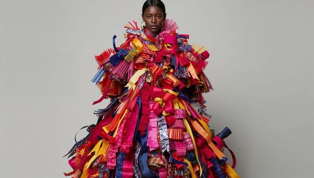 Black female model wearing sculptural ribbon couture vibrant multicolor fashion editorial