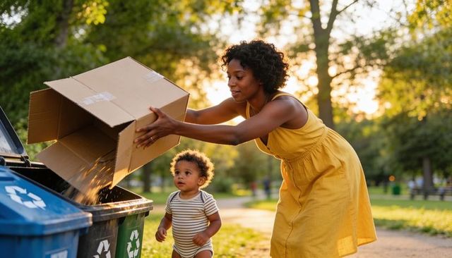 Mother recycling cardboard in park while toddler watching at golden hour
