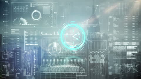 Futuristic Digital Interface with Global Data Over Cityscape