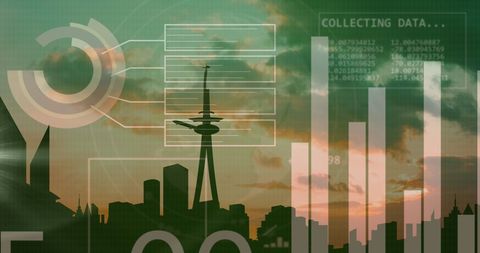 Digital Data Processing over Urban Skyline at Sunset