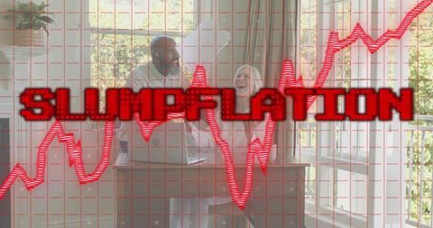 Couple confronting slumpflation in sunlit home office with red rising market graph