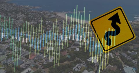 Financial Data Visualized Over Scenic Cityscape and Road Symbol