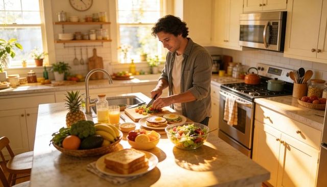 Man preparing healthy breakfast in sunlit cozy kitchen with fresh fruit and salad
