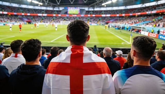 Pitchside england fan draped in flag watching live football match at packed stadium