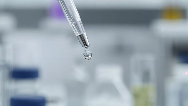 Micropipette forming single droplet closeup with lab bokeh, reagent vials and blue caps