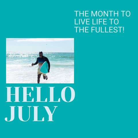 Hello July Beach Adventure with Surfboard - Download Free Stock Templates Pikwizard.com