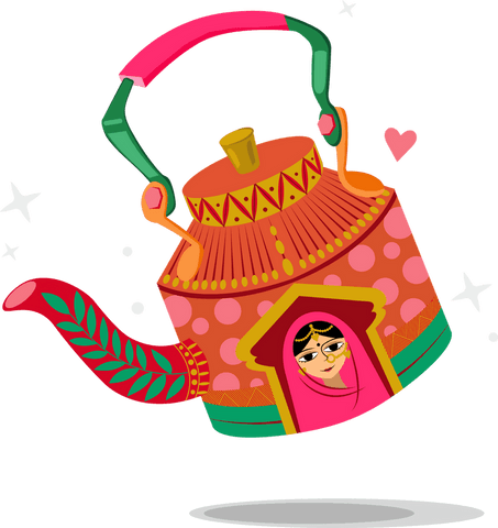 Decorative patterned kettle floating with peeking woman on transparent background