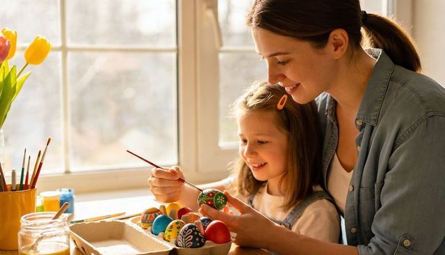Mother painting colorful easter eggs with daughter in sunlit kitchen, family craft moment