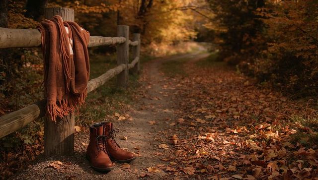 Rust-colored scarf and boots on leaf-covered path in autumn