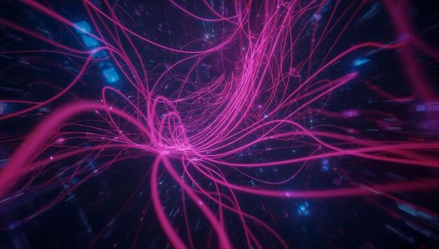 Futuristic pink neon filaments in cyberspace with glowing data nodes