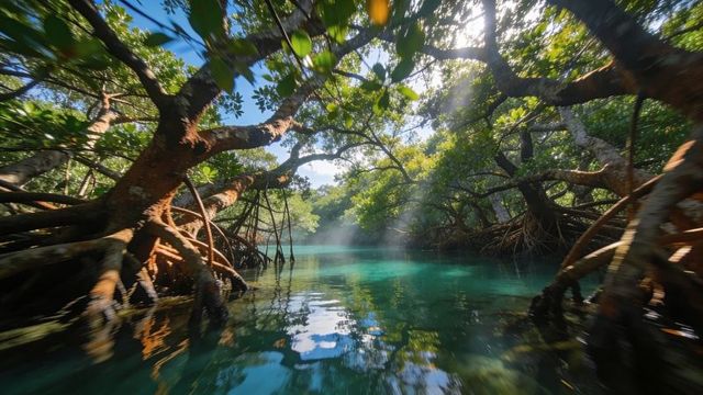 Sunbeams filtering through mangrove canopy framing turquoise tidal waterway
