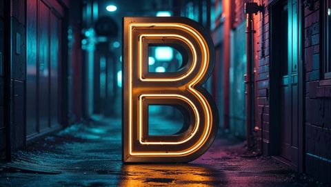 Illuminated neon letter b in dimly lit urban alley
