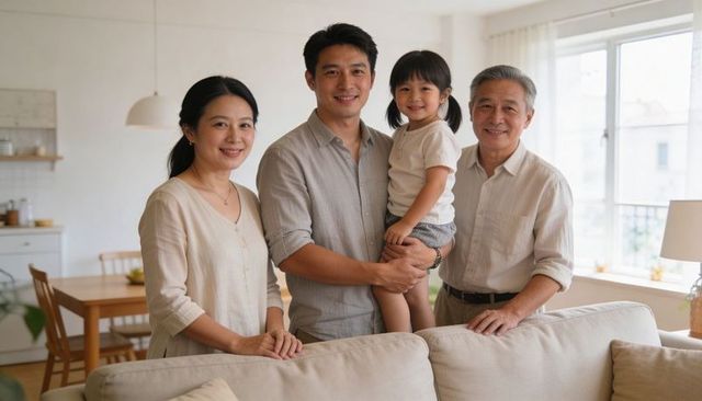 Multigenerational asian family standing together in bright minimal living room smiling