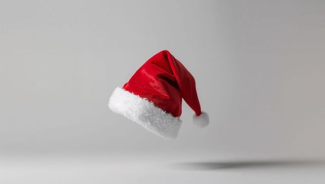 Floating santa hat hovering above minimal light gray surface with pom-pom and soft shadow