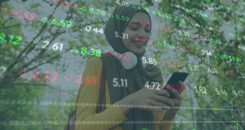 Smiling Woman in Hijab Using Smartphone with Financial Data Overlay