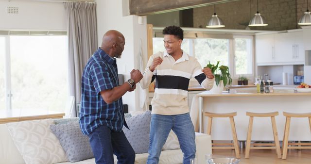 Father and son playfully boxing in modern living room - Download Free Stock Images Pikwizard.com