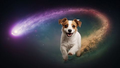 Leaping jack russell terrier flying through neon cosmic comet trail and nebula