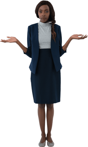 Transparent businesswoman standing gesturing hands out in office outfit