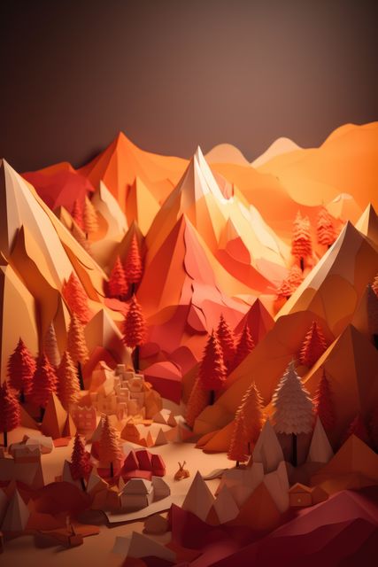 Colorful and vibrant 3D paper art depicts an abstract mountain landscape with geometric shapes and autumn colors. Ideal for use in creative design projects, art classes, or as a visually striking background. Perfect for posters, greeting cards, or website headers needing a splash of artistic inspiration.