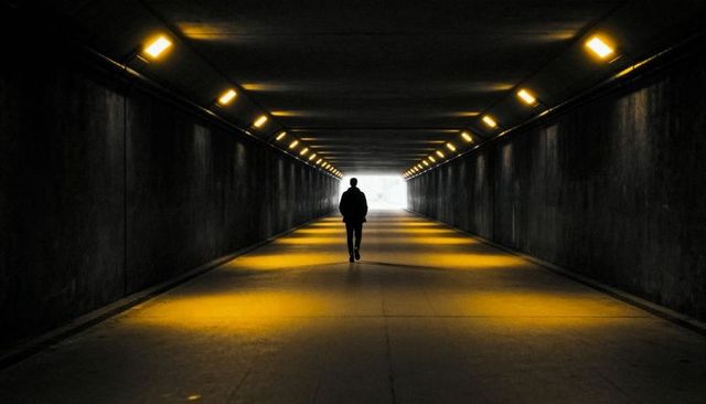 Silhouetted Man Walking Toward Bright Exit in Underground Tunnel with Warm Lights
