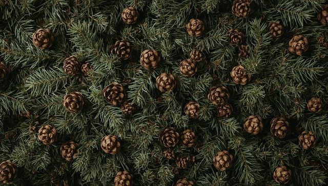 Evergreen spruce branches and pine cone flatlay rustic forest needle texture background