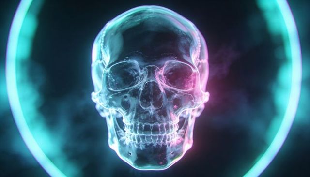 Glowing glass skull hovering inside cyan magenta neon ring with vapor halo