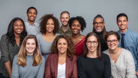 Diverse corporate team posing for studio portrait video, professionals smiling confidently