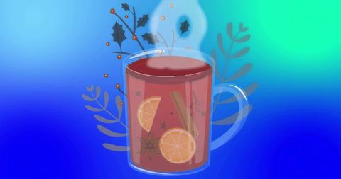 Steaming Festive Mug with Aromatic Ingredients on Blue Gradient Background