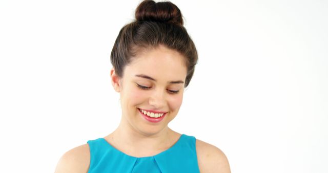 Smiling Woman with Updo Wearing Blue Dress on White Background - Download Free Stock Images Pikwizard.com