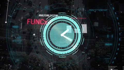 Neon Clock Overlay on Futuristic Digital Interface in Urban View