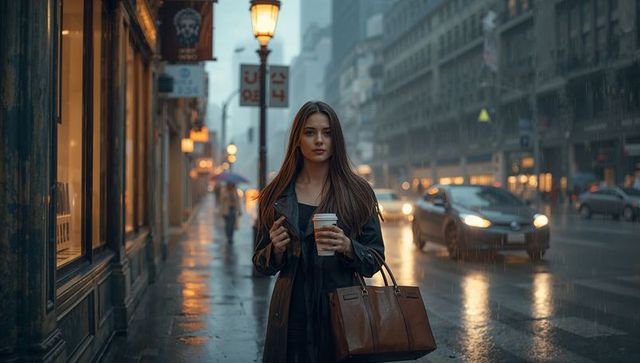 Woman Standing in Rain Holding Coffee and Tote on Moody City Street at Dusk