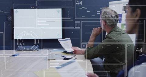 Corporate Collaboration in Modern Meeting Room with Digital Interface Overlay