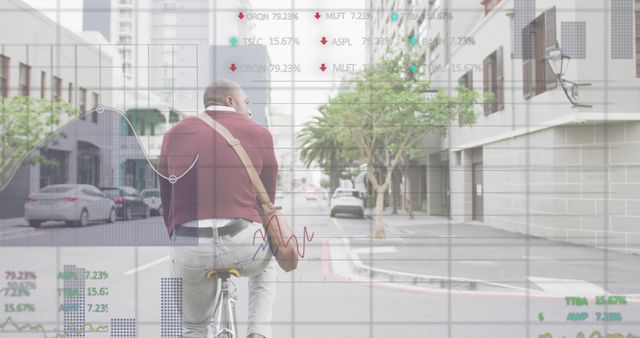 Man Cycling in Urban Area with Financial Charts Overlay - Download Free Stock Images Pikwizard.com