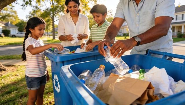 Family recycling together kids sorting plastic bottles into blue curbside bins