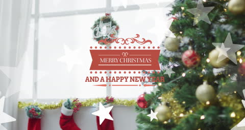Festive Holiday Greeting Over Christmas Tree and Decor