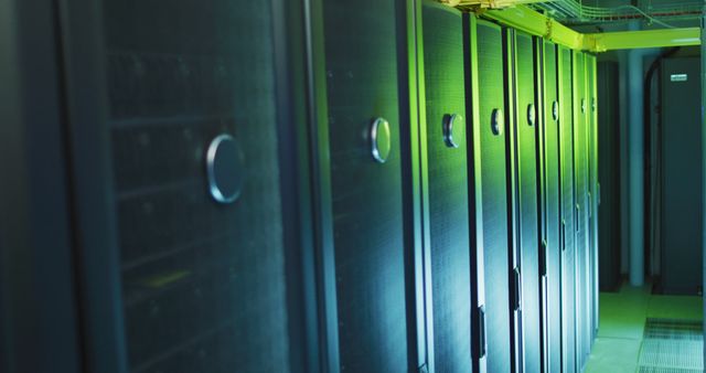 Modern Server Room with Blue and Green Lighting - Download Free Stock Images Pikwizard.com