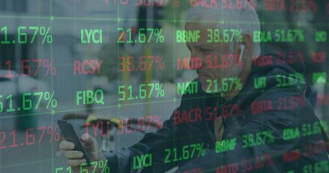Senior Man Browsing Phone with Stock Market Display Overlay