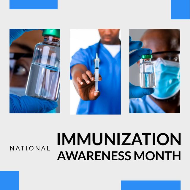 Multiracial doctors holding syringe and vials with national immunization awareness month text. copy space, digital composite, vaccination, immune system, healthcare, awareness and prevention.