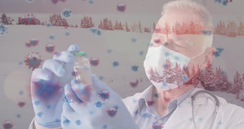 Senior Doctor Examining Vaccine Amidst Floating Virus Cells