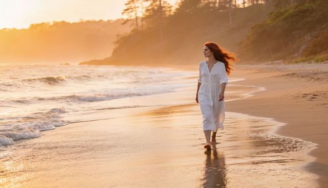 Solitary woman walking along sunlit beach at golden hour in white linen dress