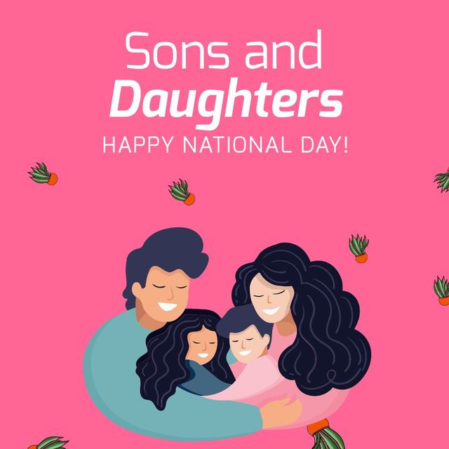 This illustration shows a happy family celebrating National Sons and Daughters Day. The family is in an embrace, showcasing love and unity with smiling faces. The vibrant background and joyful theme make it suitable for social media promotions, cards, or educational materials highlighting family values and special occasions. Use it to spread positive messages about familial bonds and celebrations.